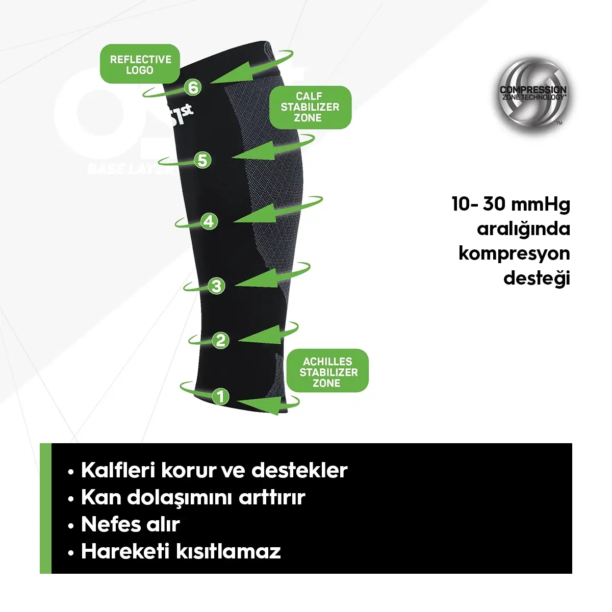 OS1st CS6 Performans Kalf Desteği Siyah Ayak/Ayak Bileği/Kalf Destek Çorabı