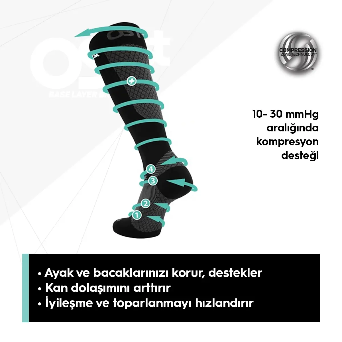 OS1st FS4+ Compression Destek Çorap Siyah Ayak/Ayak Bileği/Kalf Destek Çorabı